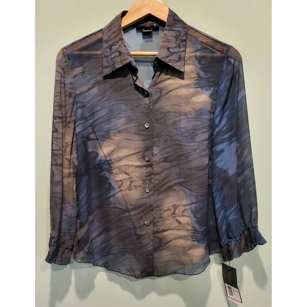 New 100% Silk Sheer Dark Blue Black Button Up Shirt  Kenneth Cole Sz 12
